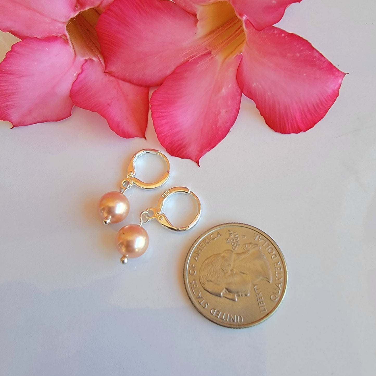 Peach Pearl Earrings Swarovski Drop Dangle Gemstone Boho Jewelry Sterling Silver