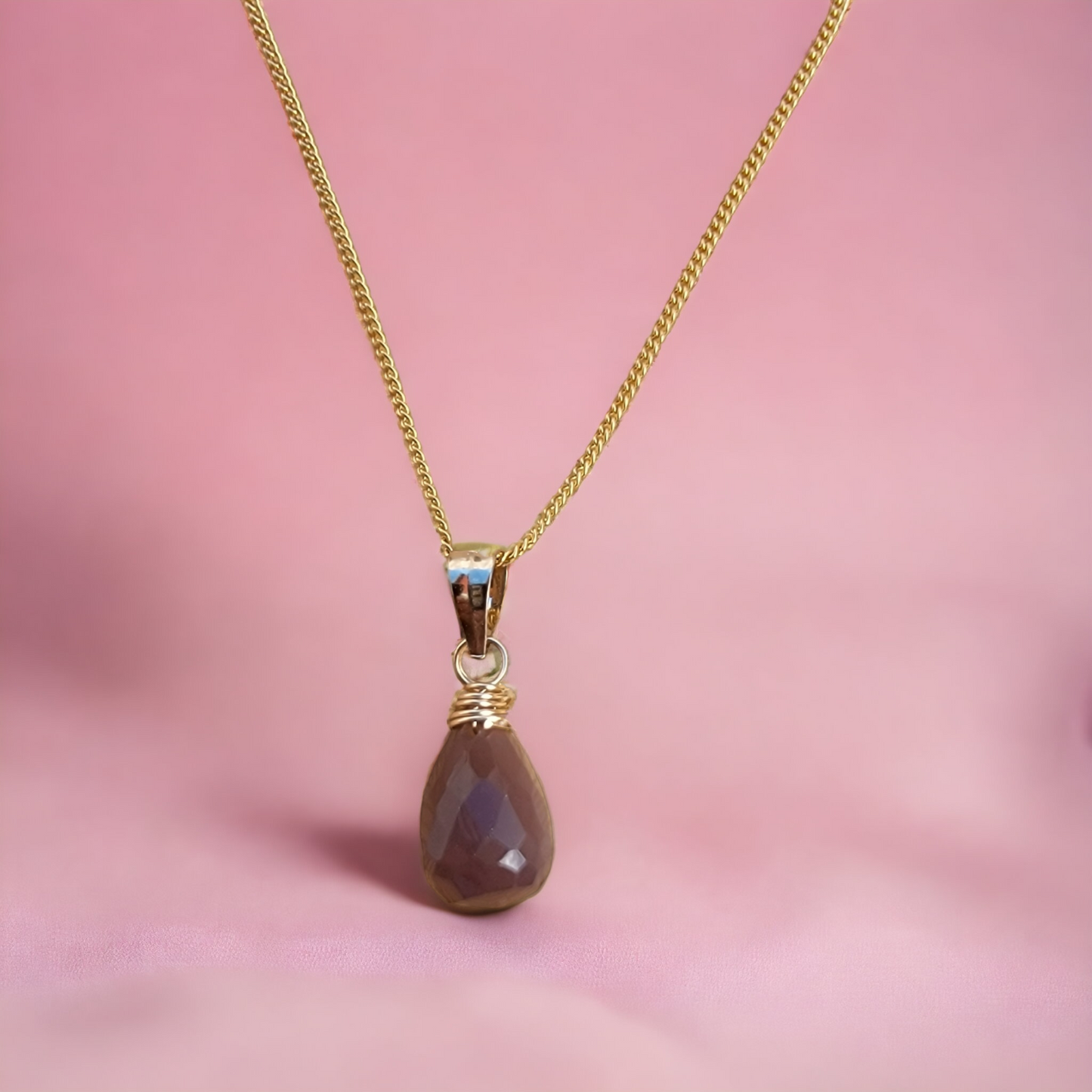 Chocolate Moonstone Necklace Gemstone Crystal June Birthstone Handmade Drop Briolette