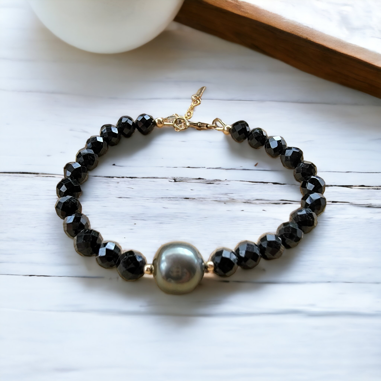 Tahitian Pearl Bracelet with genuine real blue black spinel gemstone crystals, black south sea pearl
