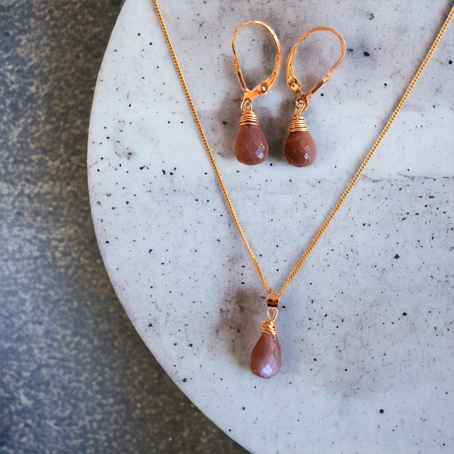 Jewelry Set Chocolate Moonstone Crystal Gemstone Earrings and Necklace gold June Birthstone