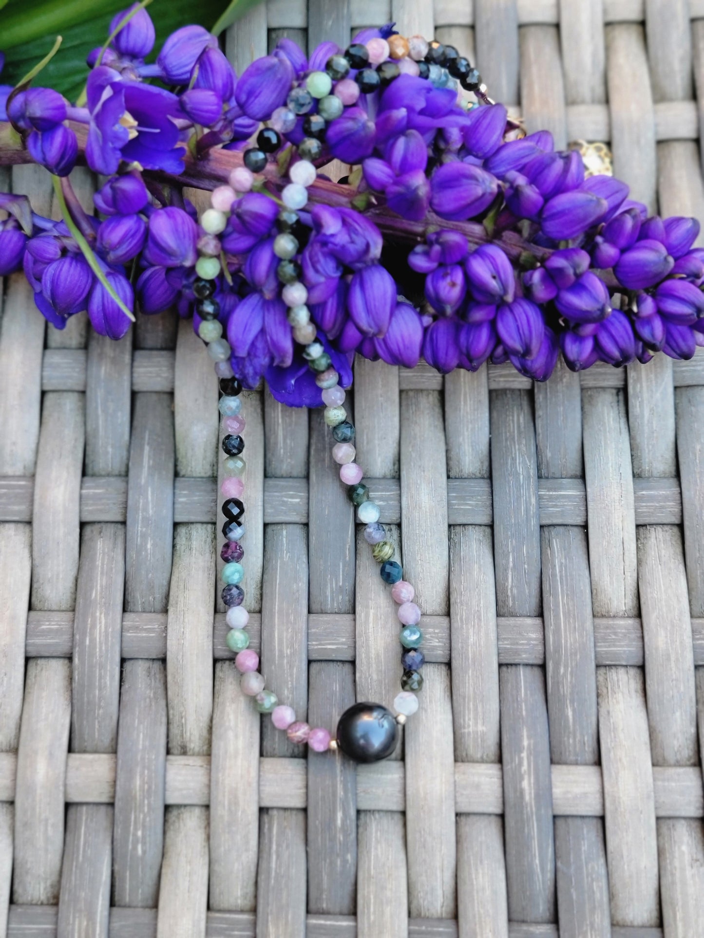 Tahitian Pearl Necklace Choker with genuine tourmaline gemstone crystals, black south sea pearl