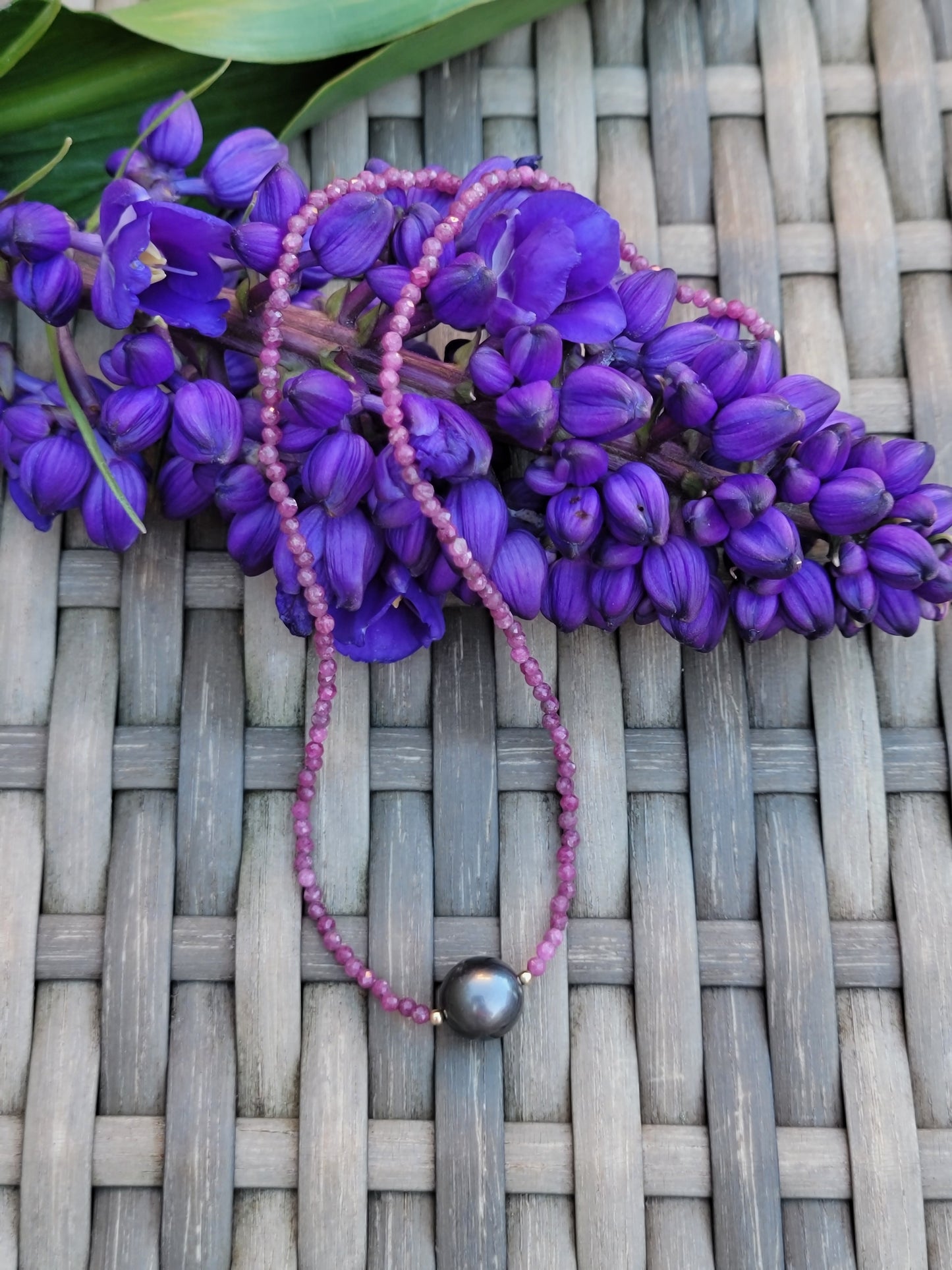 Tahitian Pearl Necklace Choker with genuine real ruby gemstone crystals, black south sea pearl