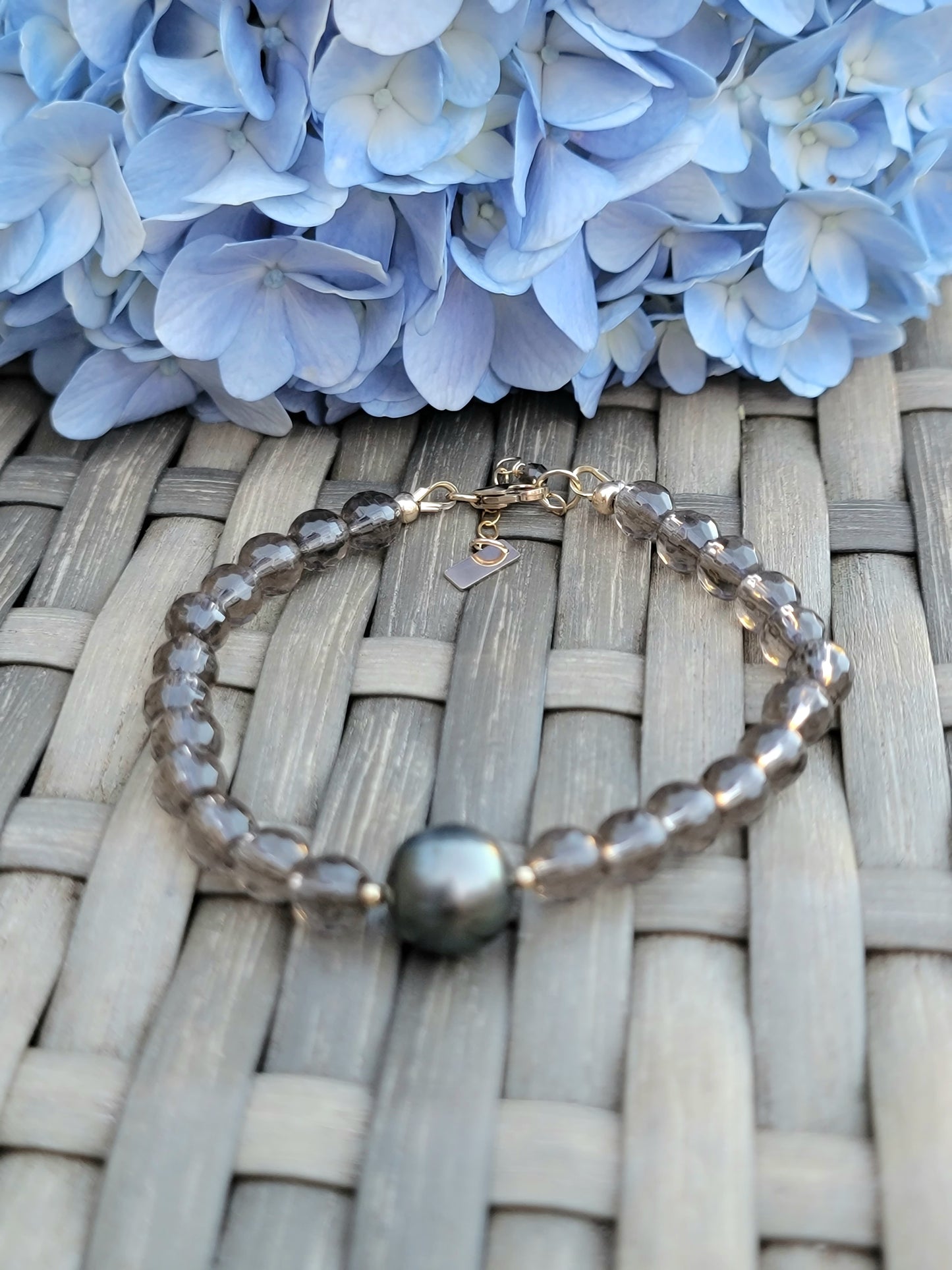 Tahitian Pearl Bracelet with genuine real blue smoky quartz gemstone crystals, black south sea pearl