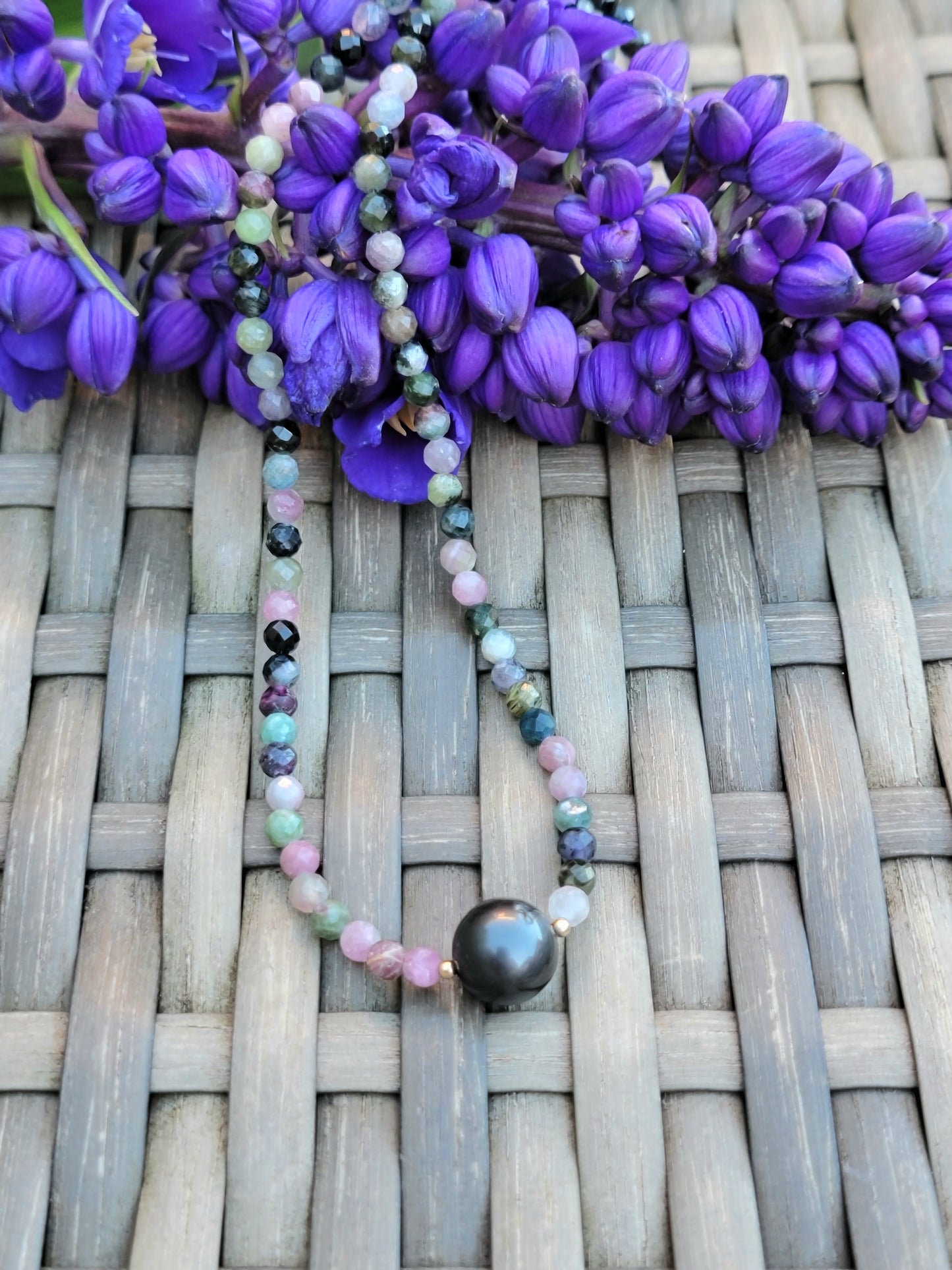 Tahitian Pearl Necklace Choker with genuine tourmaline gemstone crystals, black south sea pearl