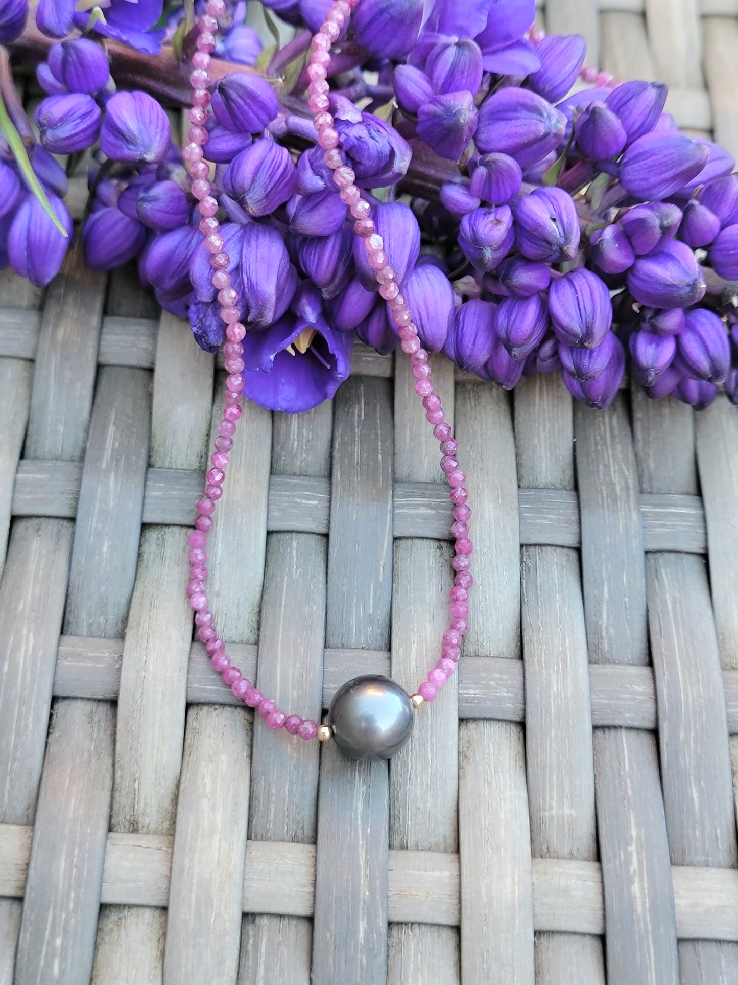 Tahitian Pearl Necklace Choker with genuine real ruby gemstone crystals, black south sea pearl