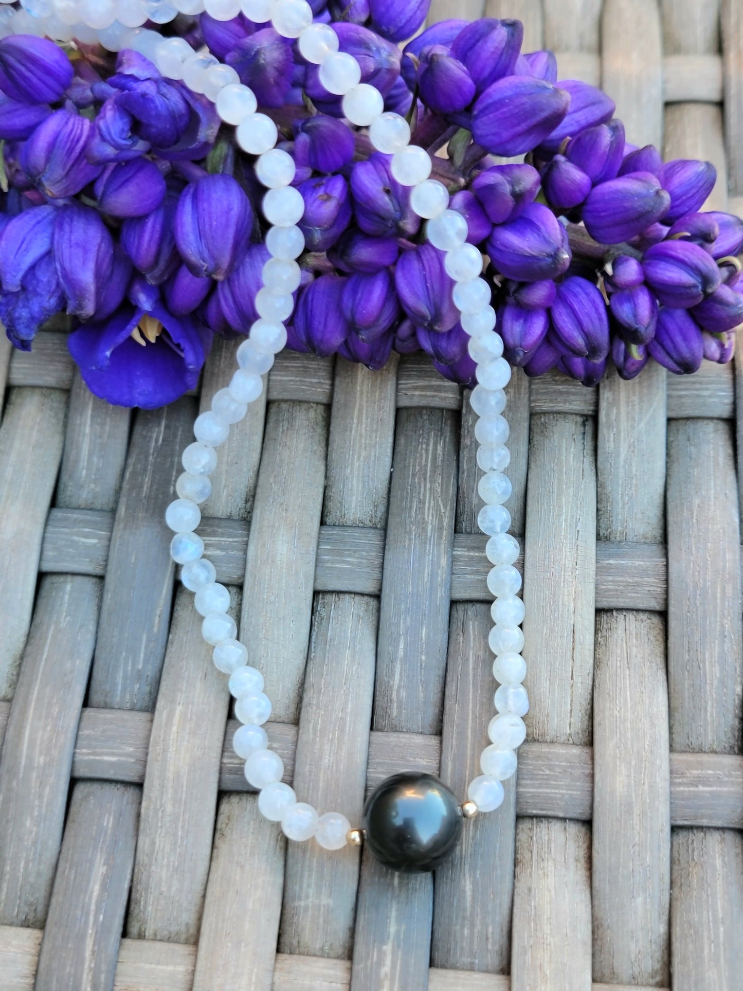 Tahitian Pearl Necklace Choker with genuine rainbow moonstone gemstone crystals, black south sea pearl