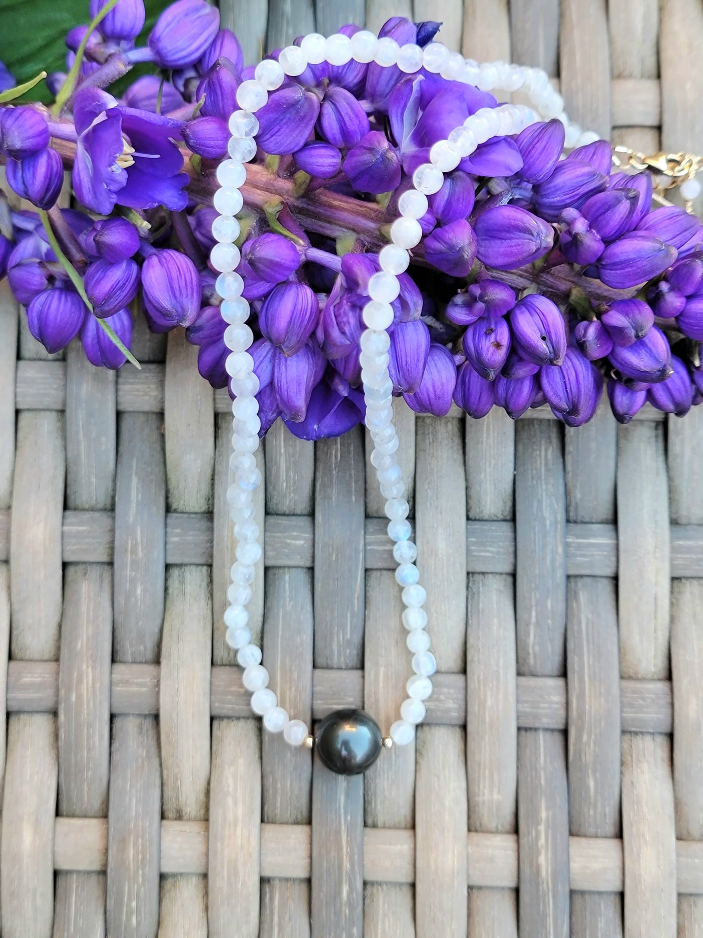 Tahitian Pearl Necklace Choker with genuine rainbow moonstone gemstone crystals, black south sea pearl