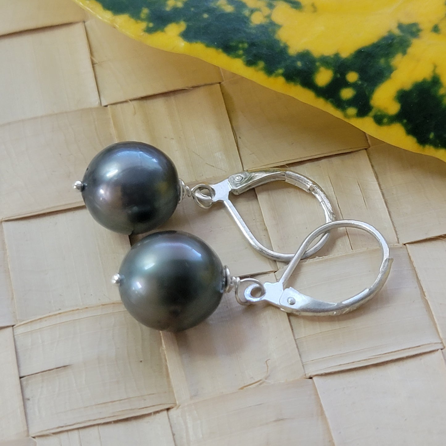 Tahitian Pearl Earrings in Sterling Silver Drop Dangle Leverback June Birthstone Black South Sea Pearl