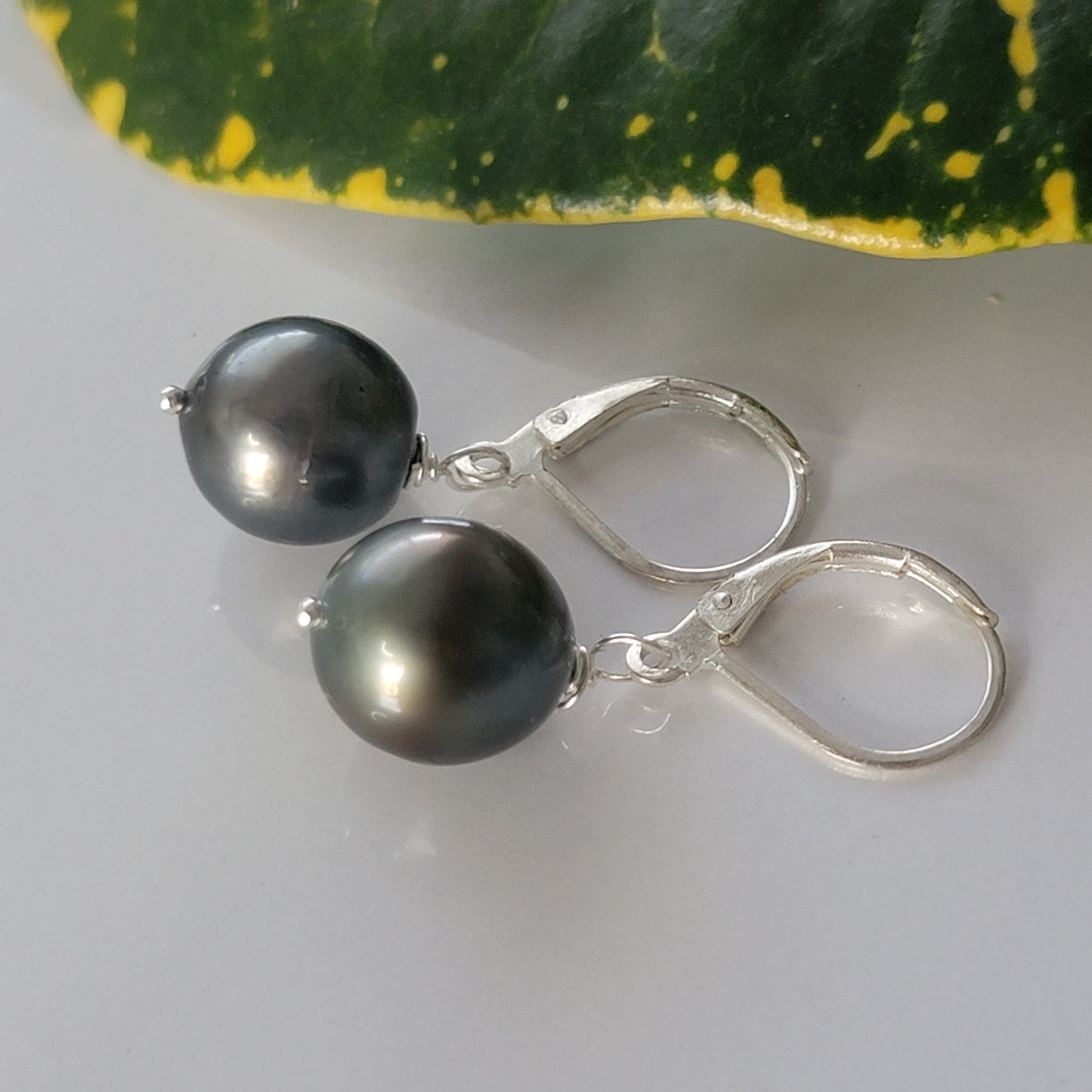 Tahitian Pearl Earrings in Sterling Silver Drop Dangle Leverback June Birthstone Black South Sea Pearl