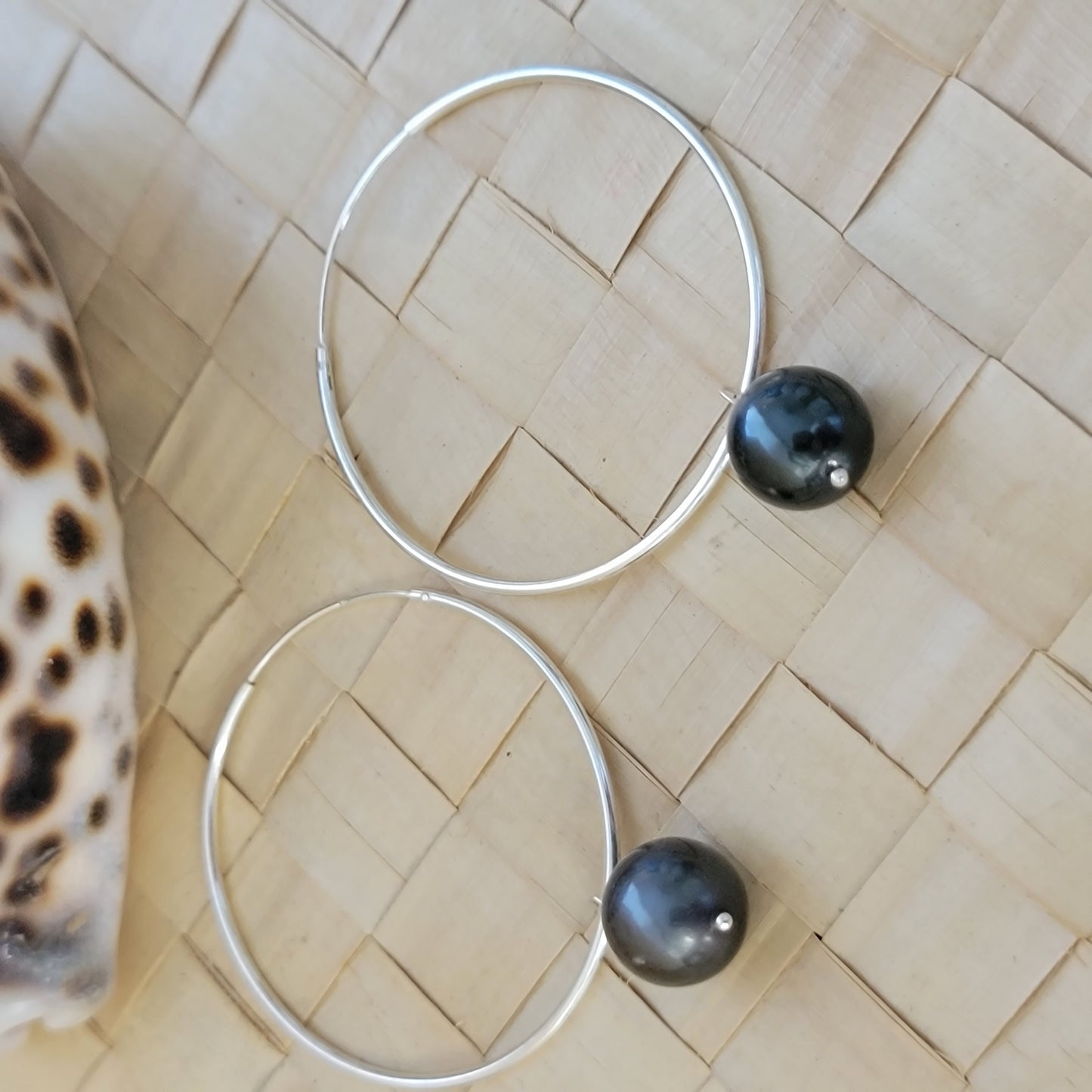 Tahitian Pearl Large Hoop Earrings Sterling Silver June Birthstone Black South Sea Pearl