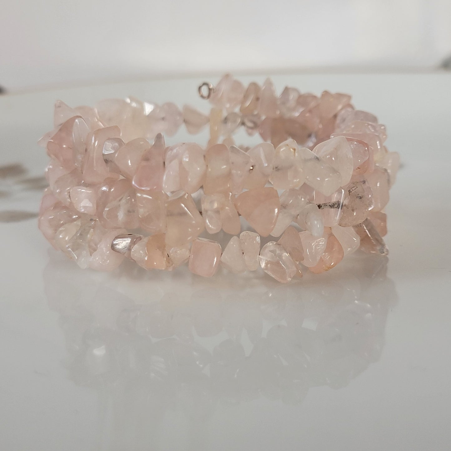 Rose Pink Quarts Wrap Bracelet Gemstone Raw Chips set in Memory Wire
