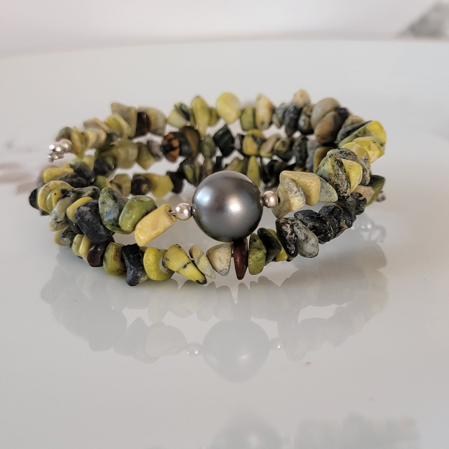 Yellow Turquoise Wrap Bracelet Gemstone Raw Chips set in Memory Wire Black Swarovski Pearl December Birthstone