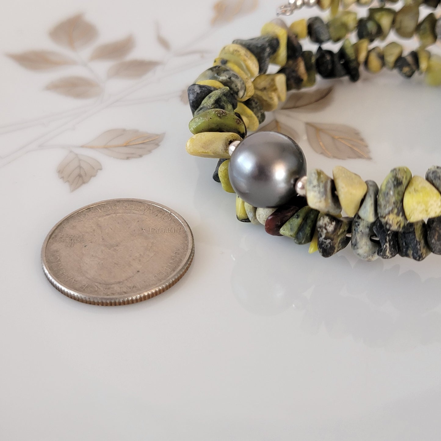Yellow Turquoise Wrap Bracelet Gemstone Raw Chips set in Memory Wire Black Swarovski Pearl December Birthstone