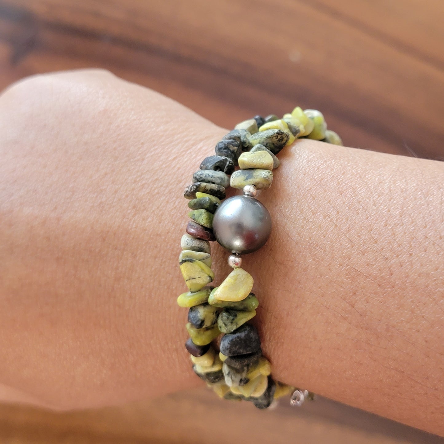 Yellow Turquoise Wrap Bracelet Gemstone Raw Chips set in Memory Wire Black Swarovski Pearl December Birthstone