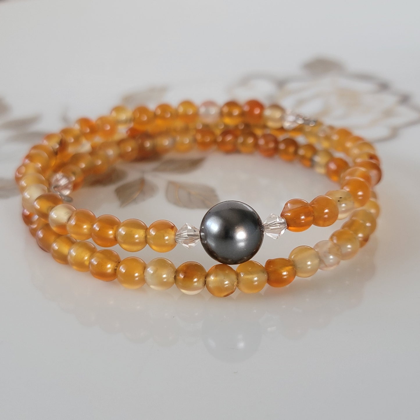 Orange Carnelian Wrap Bracelet Gemstone set in Memory Wire Black swarovski Pearl