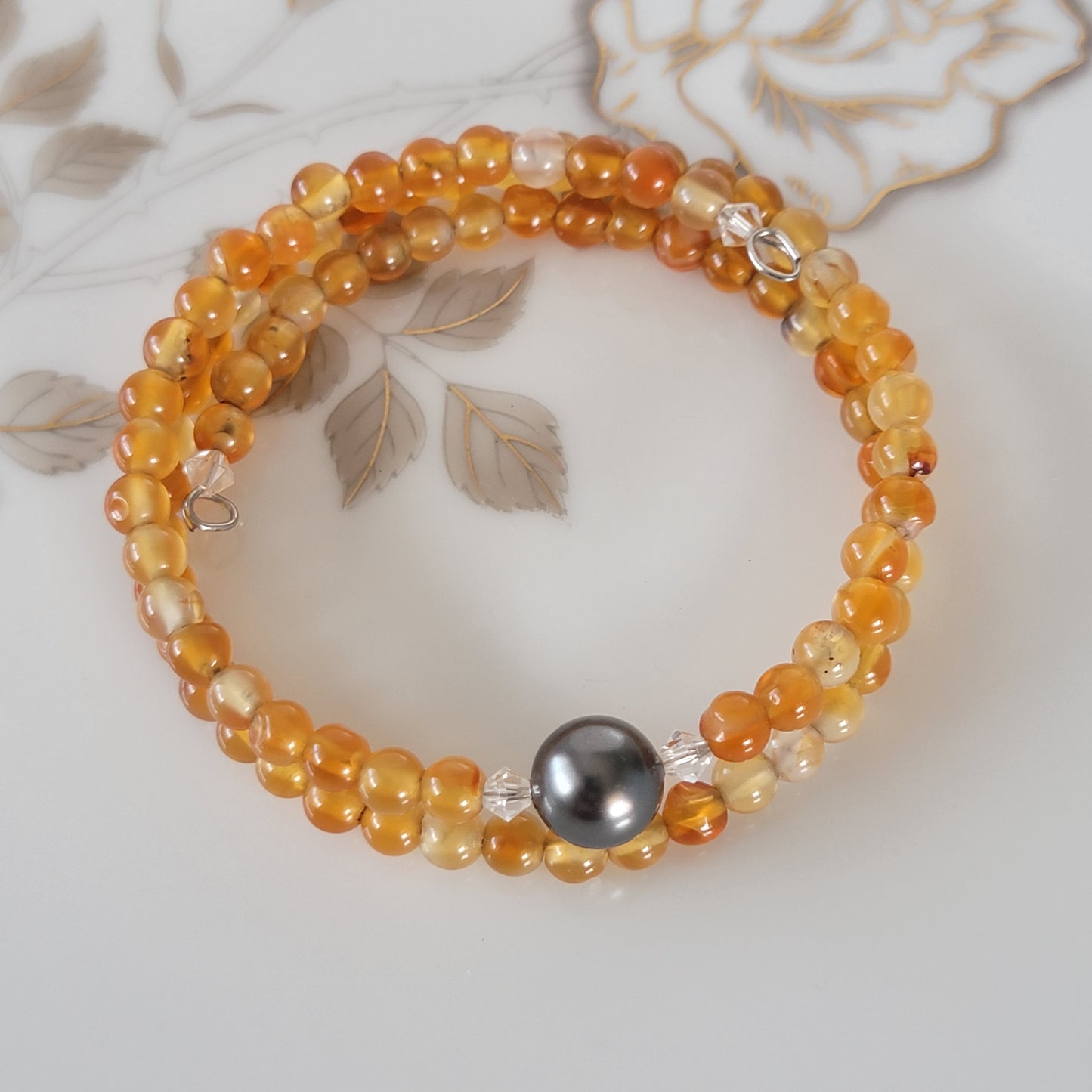 Orange Carnelian Wrap Bracelet Gemstone set in Memory Wire Black swarovski Pearl