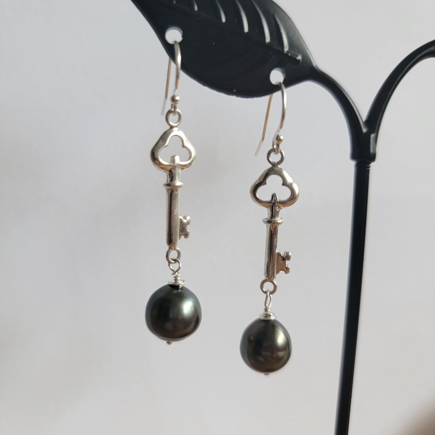 Tahitian Pearl Earrings Key Charm Sterling Silver Drop Dangle Earrings June Birthstone Black South Sea Pearl