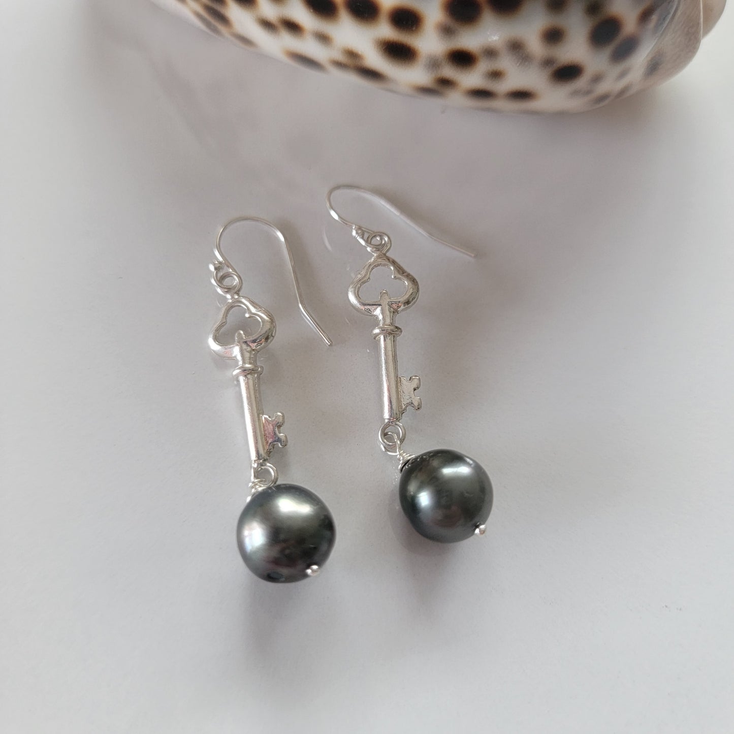 Tahitian Pearl Earrings Key Charm Sterling Silver Drop Dangle Earrings June Birthstone Black South Sea Pearl