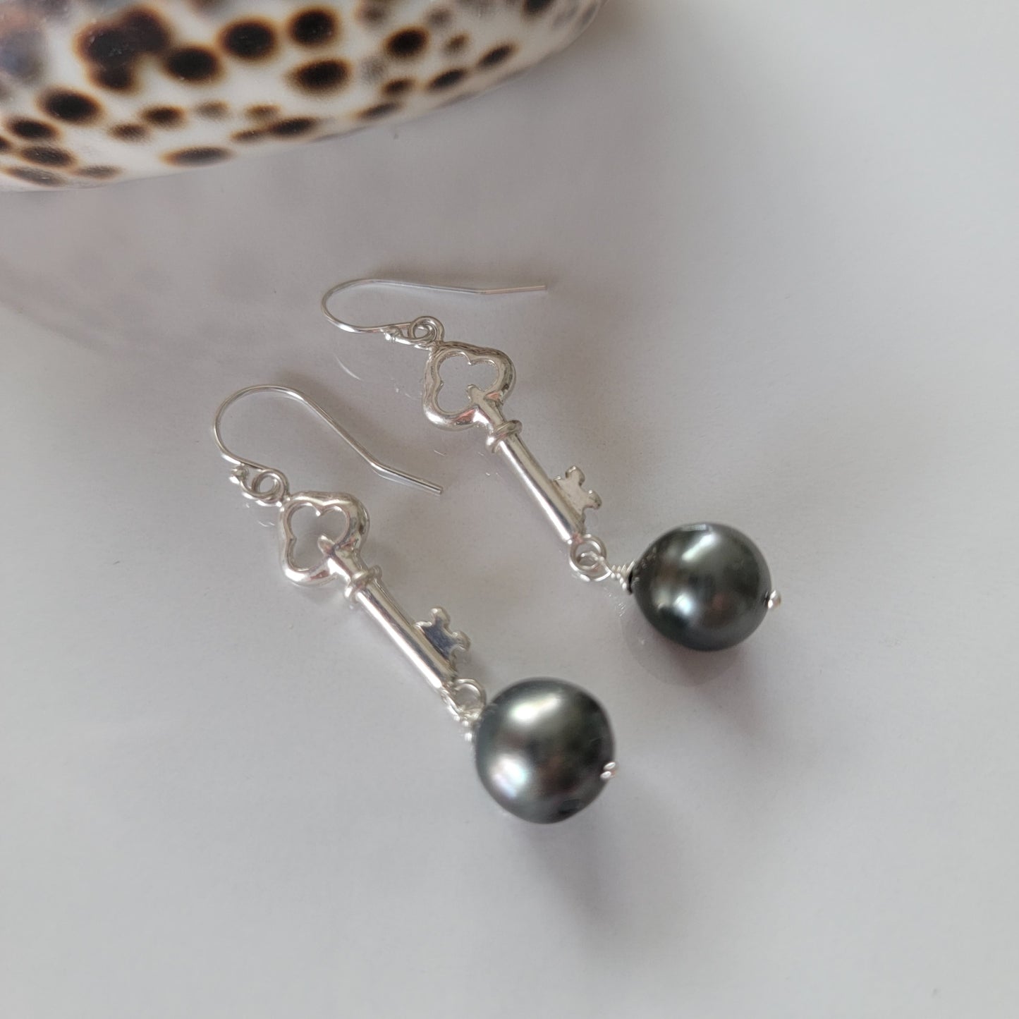 Tahitian Pearl Earrings Key Charm Sterling Silver Drop Dangle Earrings June Birthstone Black South Sea Pearl