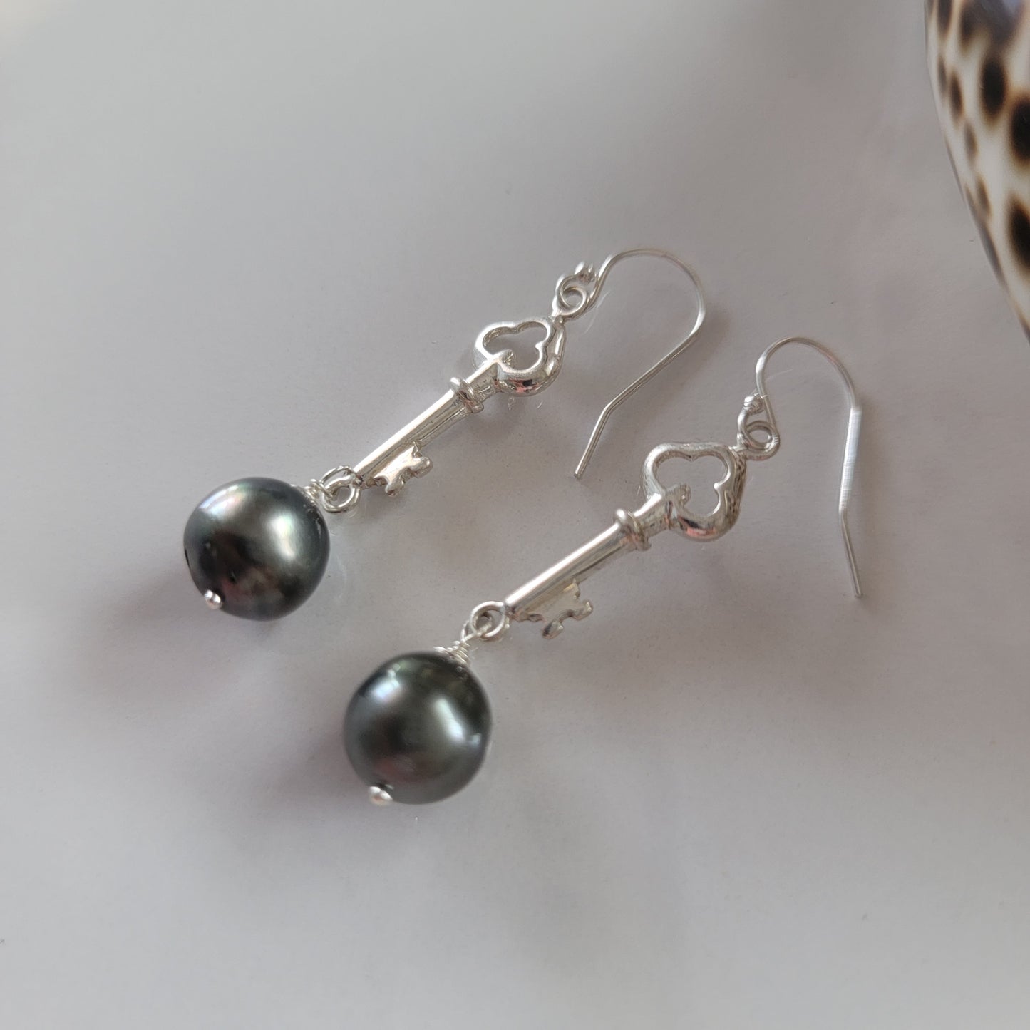 Tahitian Pearl Earrings Key Charm Sterling Silver Drop Dangle Earrings June Birthstone Black South Sea Pearl