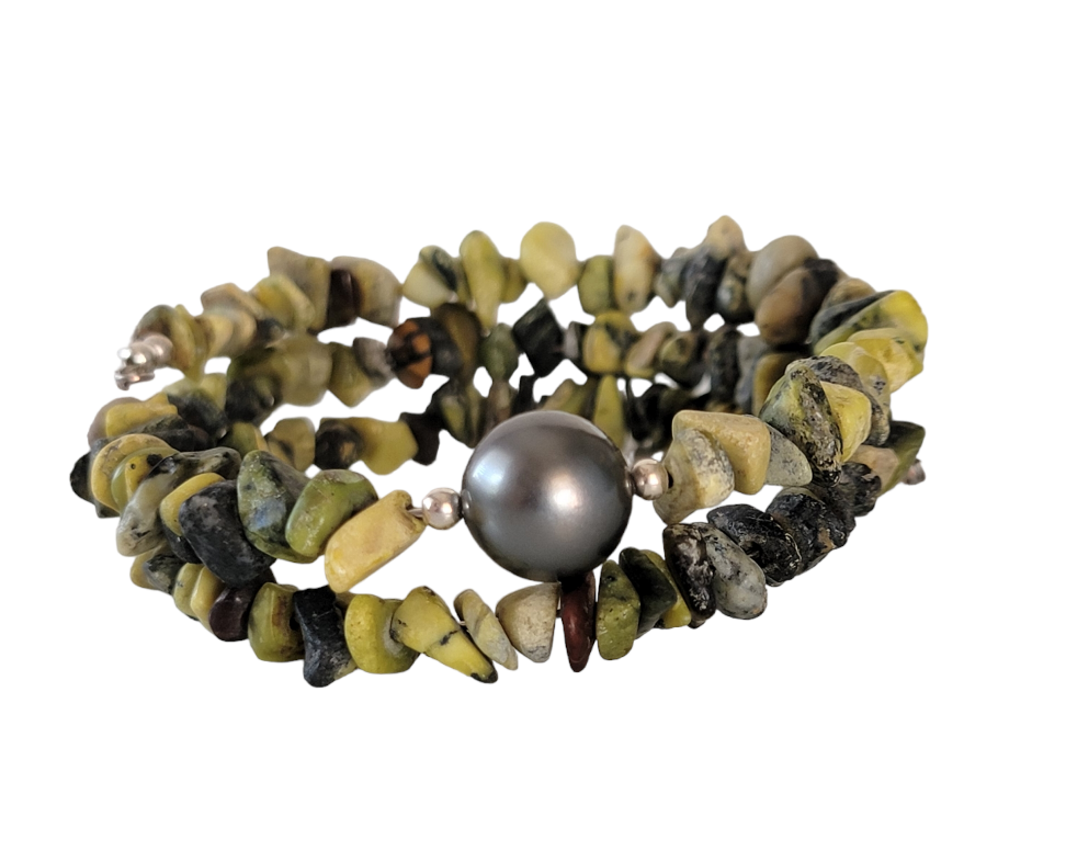 Yellow Turquoise Wrap Bracelet Gemstone Raw Chips set in Memory Wire Black Swarovski Pearl December Birthstone