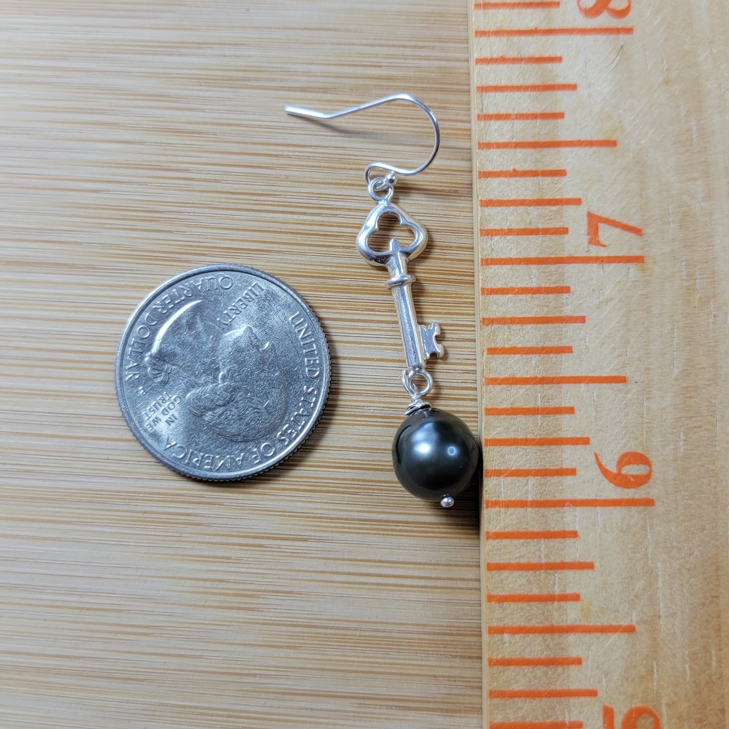 Tahitian Pearl Earrings Key Charm Sterling Silver Drop Dangle Earrings June Birthstone Black South Sea Pearl