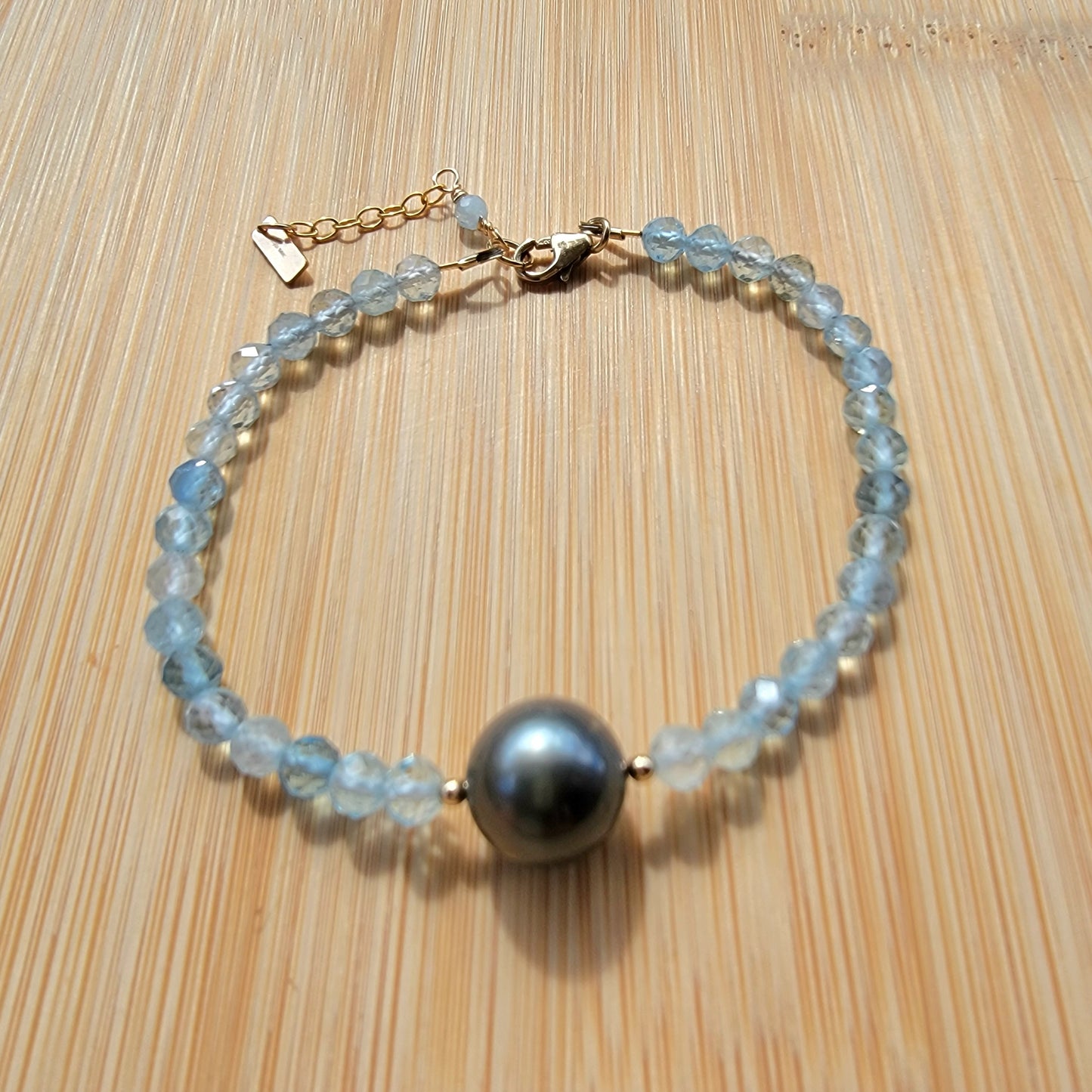 Tahitian Pearl Bracelet Aquamarine Crystal Gemstone June Birthstone Handmade, Unique gift, March Birthstone,  Black South Sea pearl