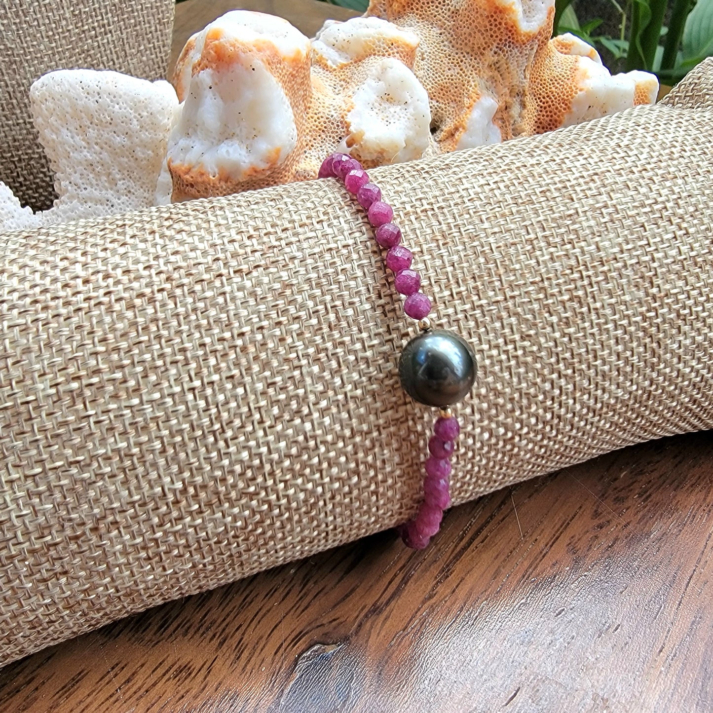 Tahitian pearl bracelet with Genuine Real Ruby gemstones 