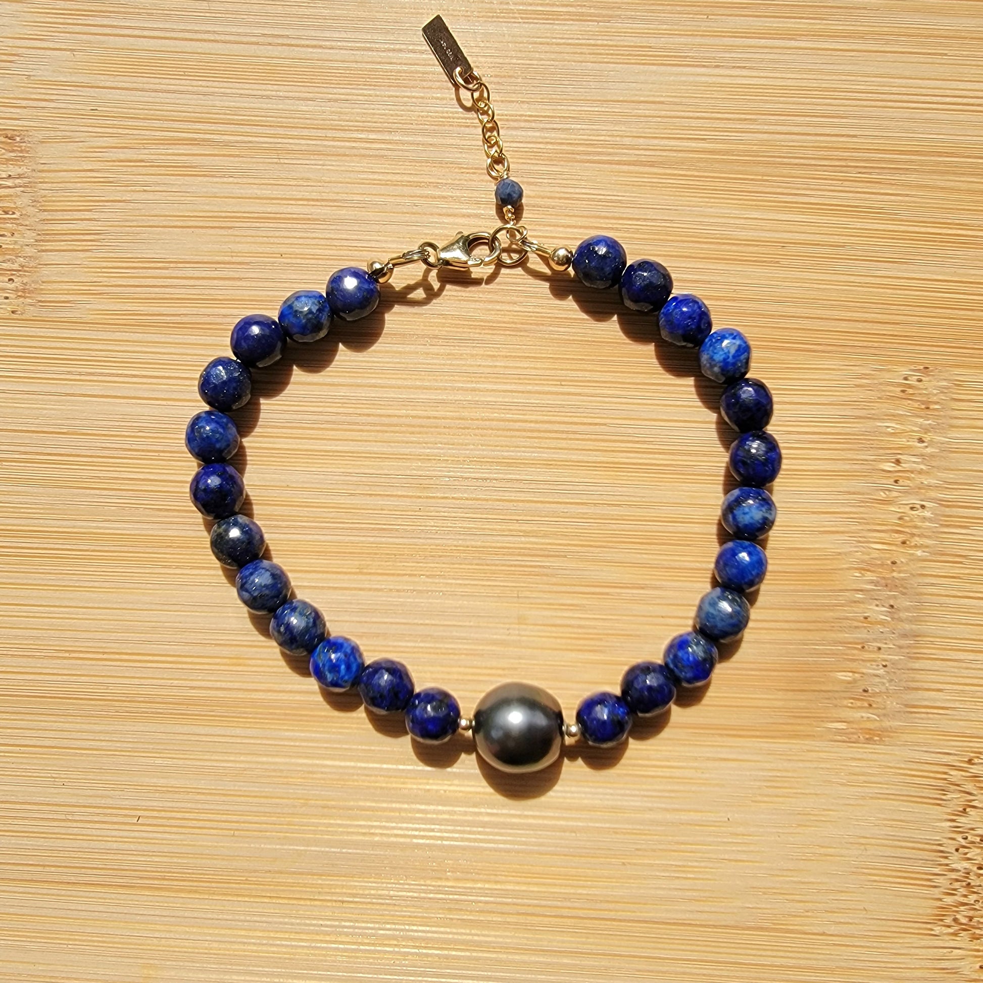 Tahitian Pearl Bracelet with genuine real lapis lazuli  gemstones crystals, black south sea pearl 