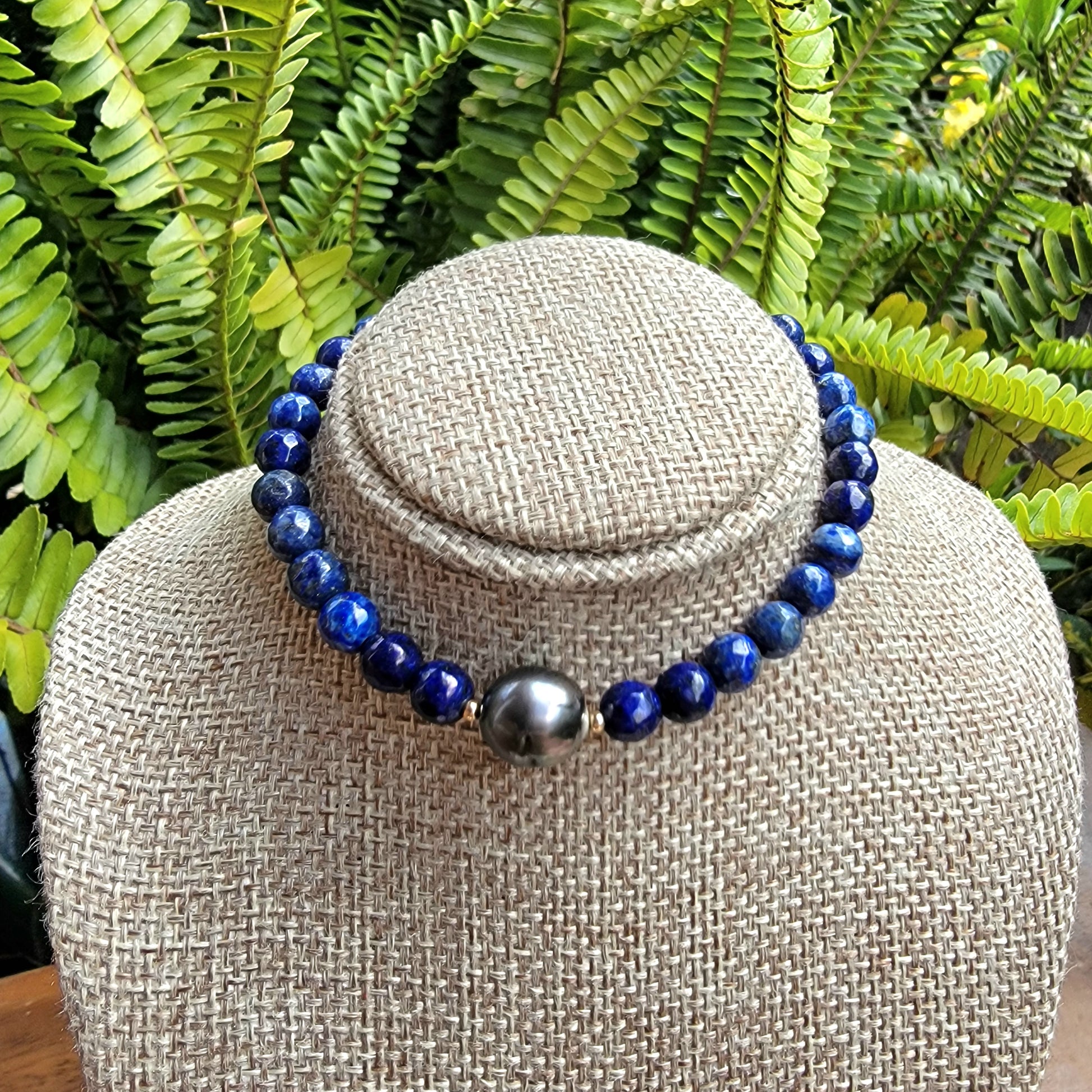 Tahitian Pearl Bracelet with genuine real lapis lazuli gemstones crystals, black south sea pearl 