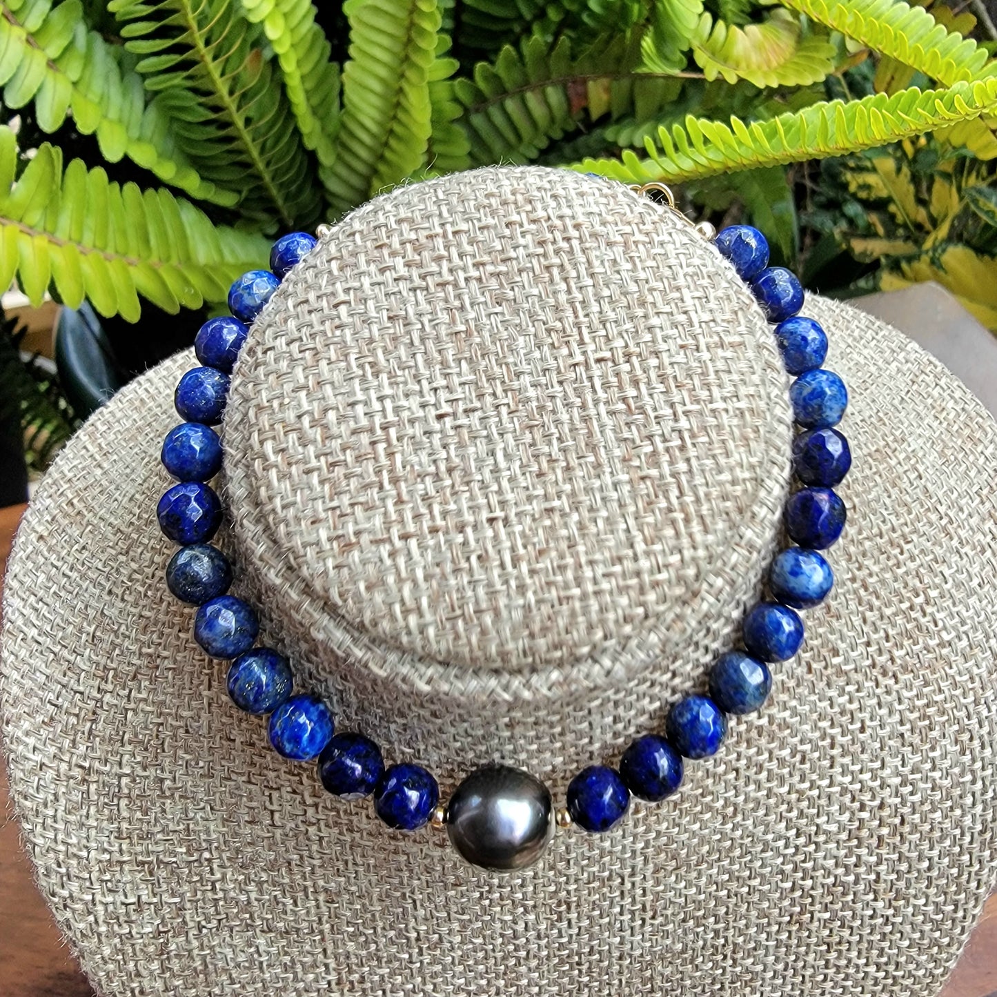 Tahitian Pearl Bracelet with genuine real lapis lazuli  gemstones crystals, black south sea pearl 