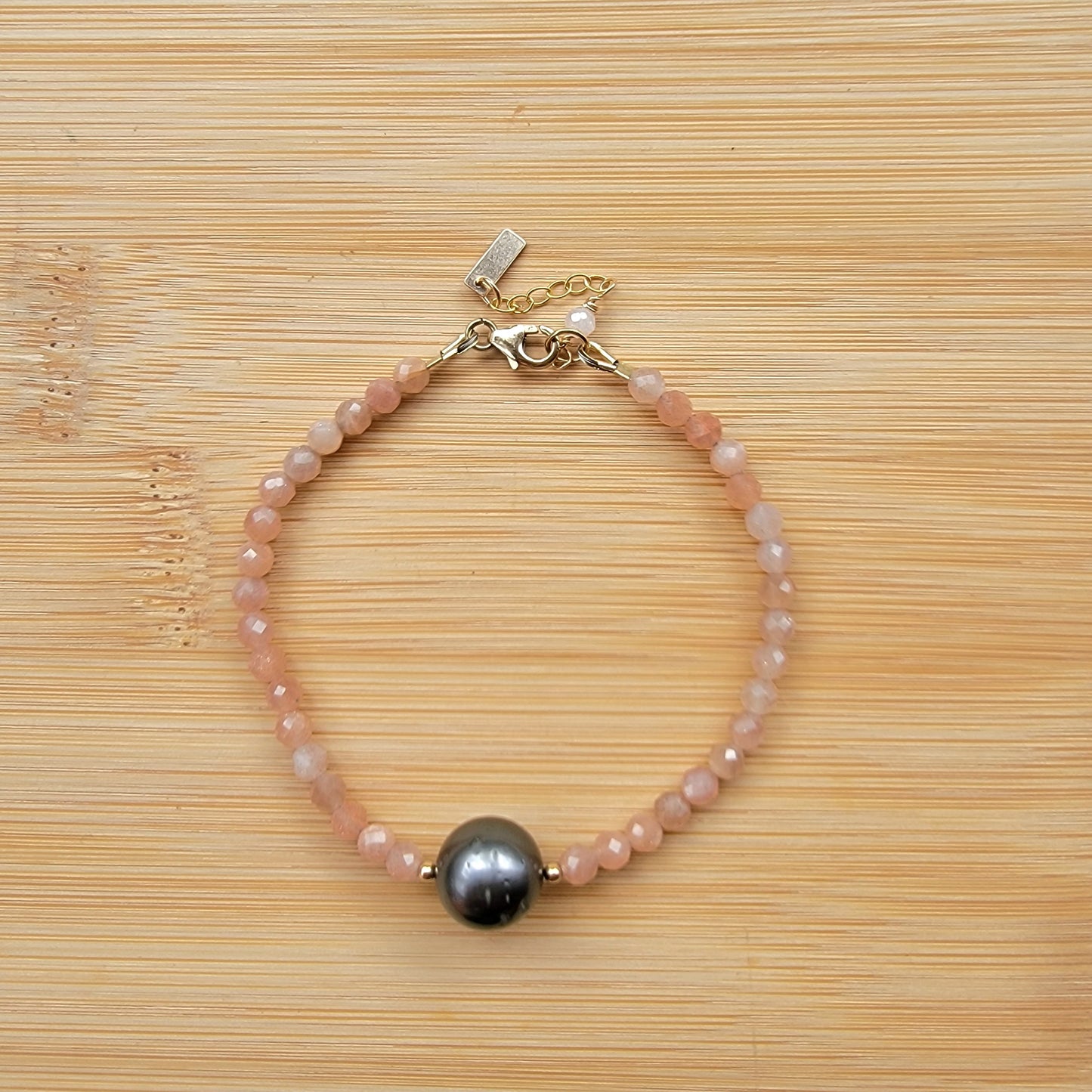 Tahitian Pearl Bracelet with genuine real sunstone gemstones crystals, black south sea pearl 