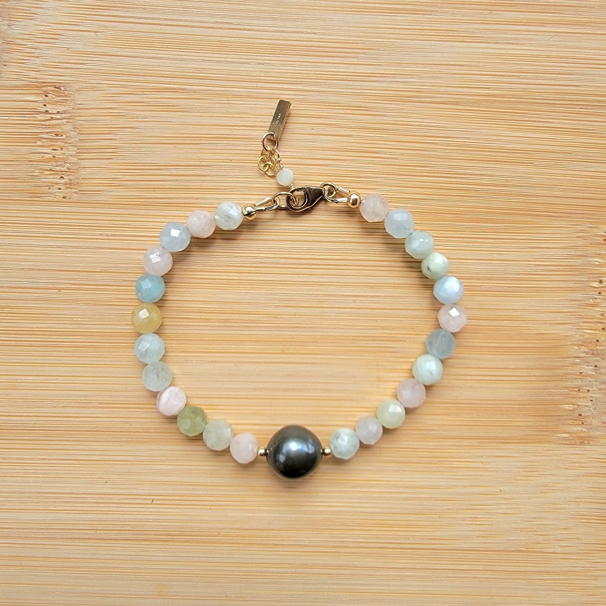 Tahitian Pearl Bracelet with genuine real morganite gemstone crystals, black south sea pearl