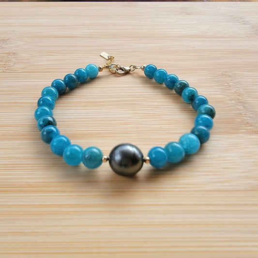 Tahitian Pearl Bracelet with genuine real blue apatite gemstone crystals, black south sea pearl