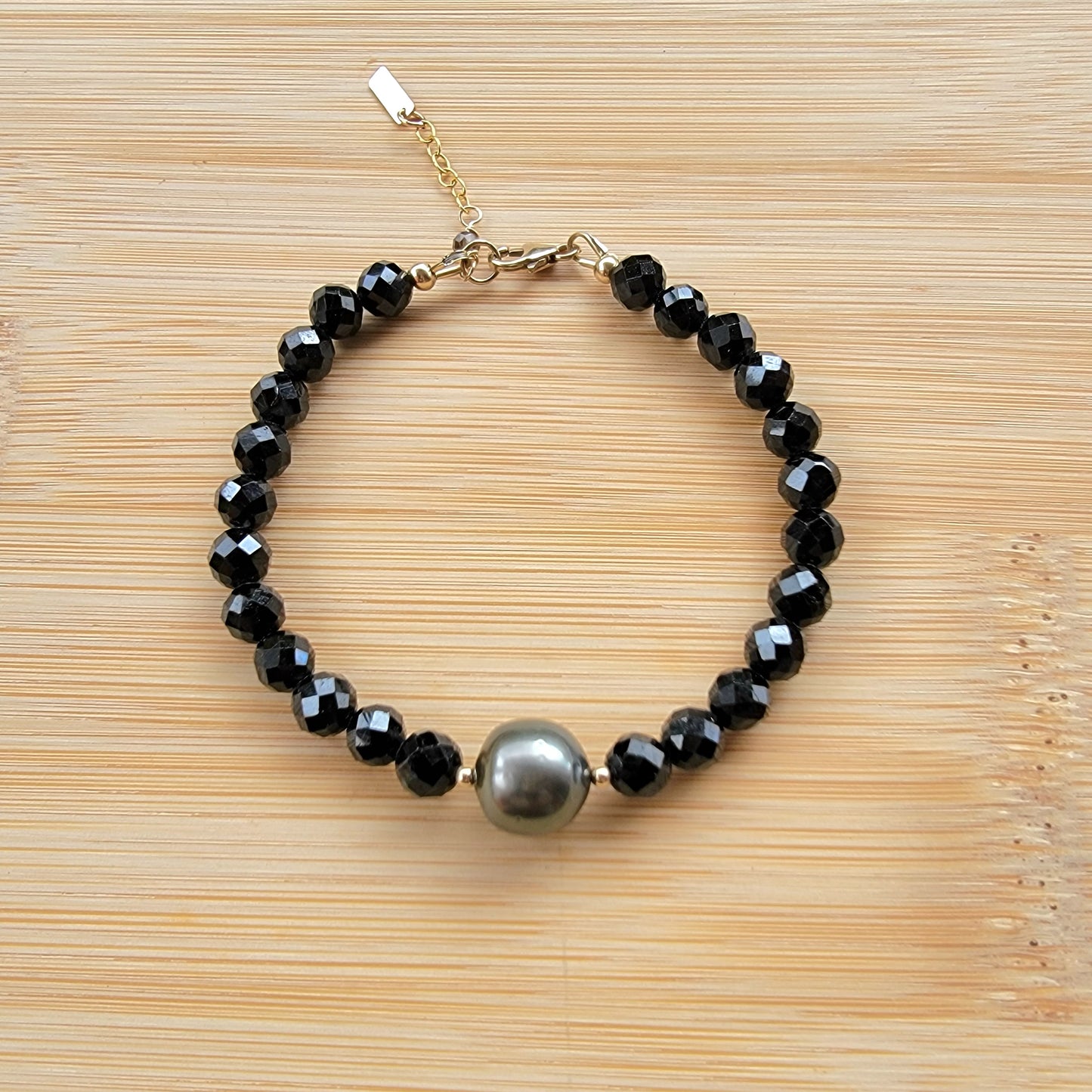 Tahitian Pearl Bracelet with genuine real blue black spinel gemstone crystals, black south sea pearl