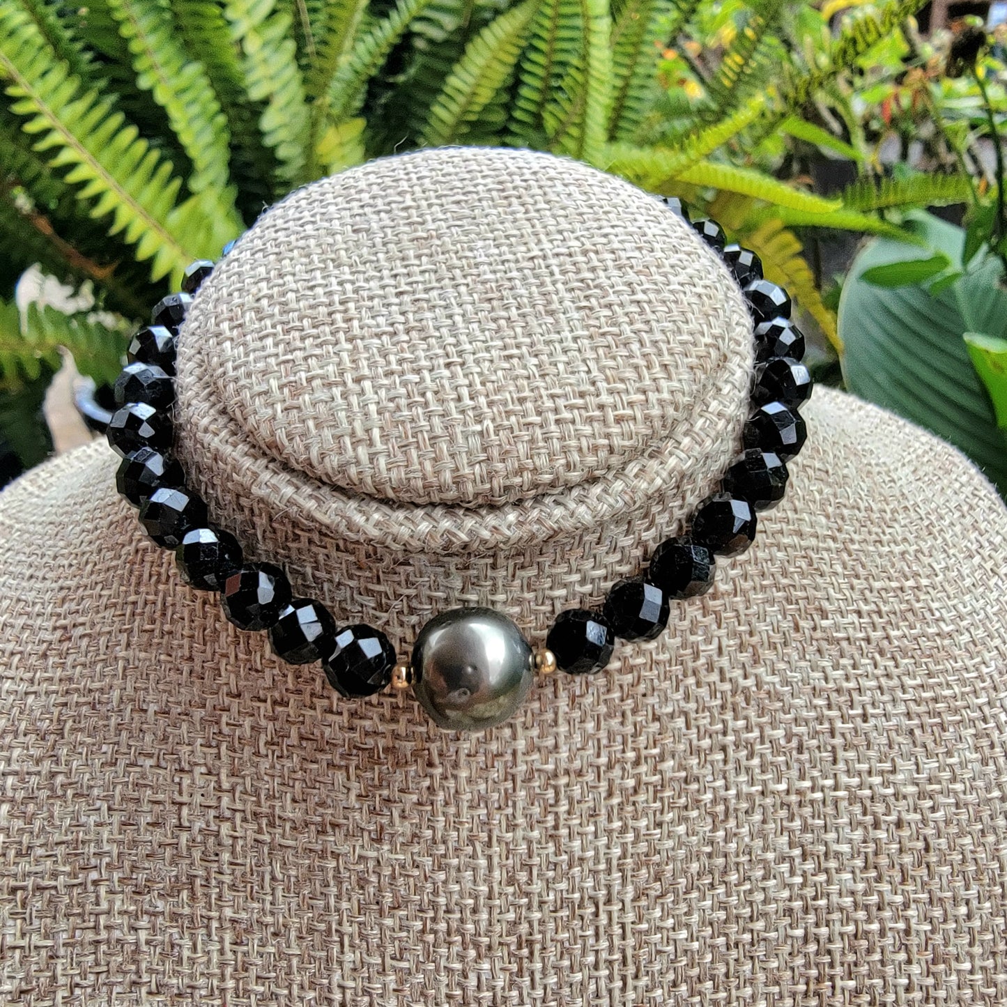 Tahitian Pearl Bracelet with genuine real blue black spinel gemstone crystals, black south sea pearl