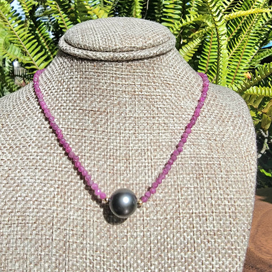 Tahitian Pearl Necklace Choker  with genuine real  ruby gemstone crystals, black south sea pearl