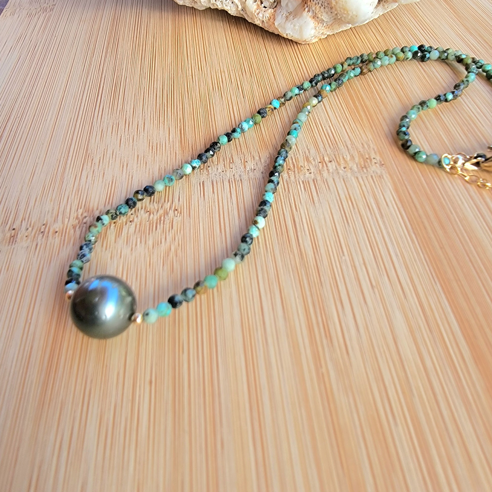 Tahitian Pearl Necklace Choker with genuine real African Turquiose gemstone crystals, black south sea pearl