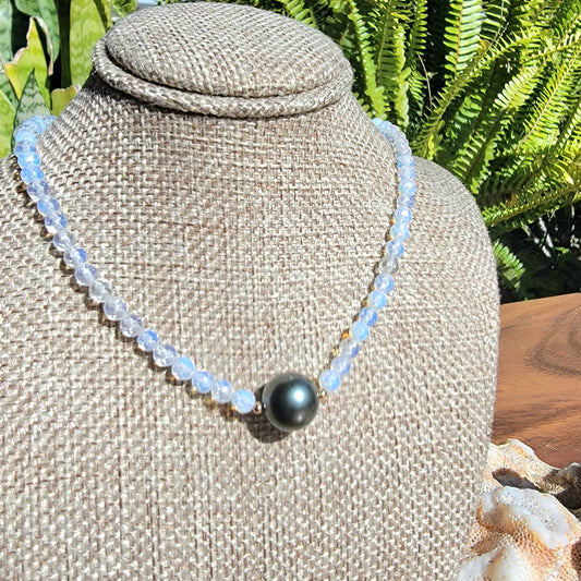 Tahitian Pearl Necklace Choker with genuine real opal gemstone crystals, black south sea pearl