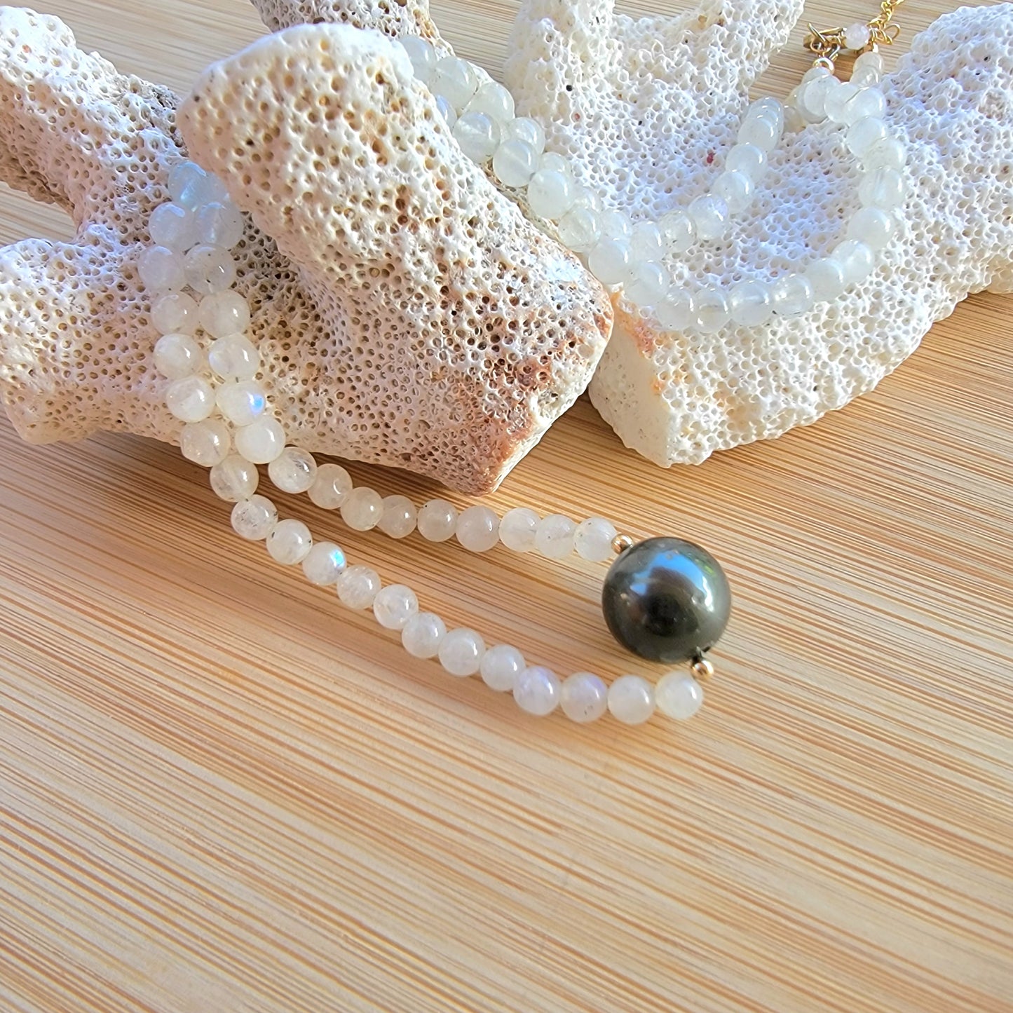 Tahitian Pearl Necklace Choker with genuine rainbow moonstone  gemstone crystals, black south sea pearl