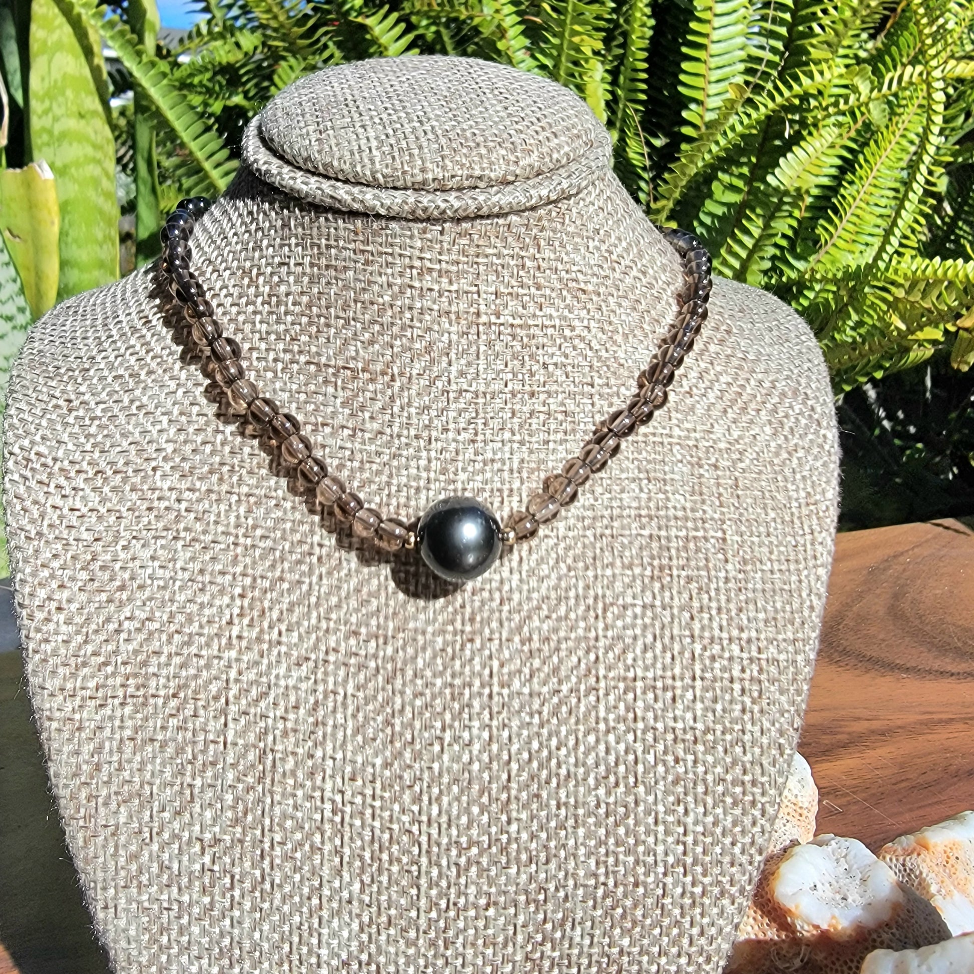 Tahitian Pearl Necklace Choker with genuine smoky quartz gemstone crystals, black south sea pearl