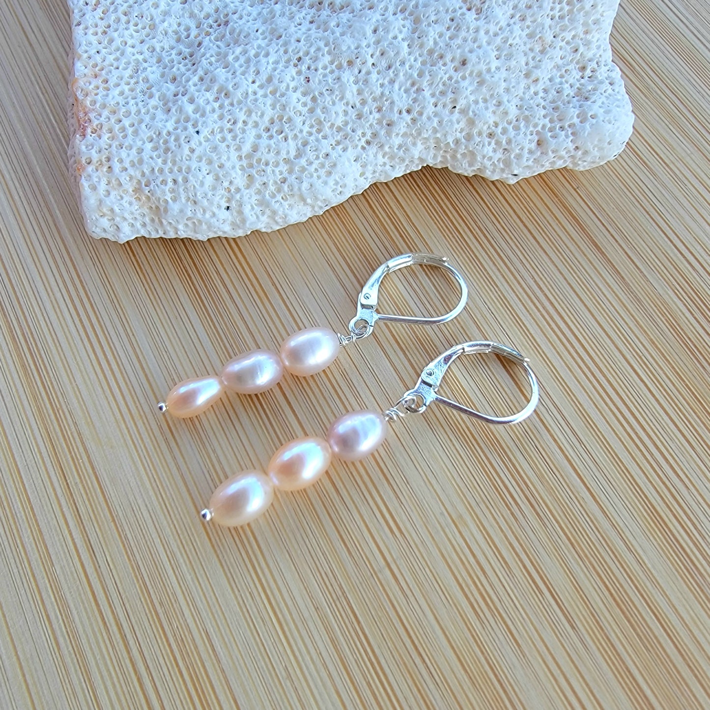 Pearl Drop Earrings Silver Dangle Handmade Bridal Wedding one Birthstone Freshwater Pearl Peach Pink