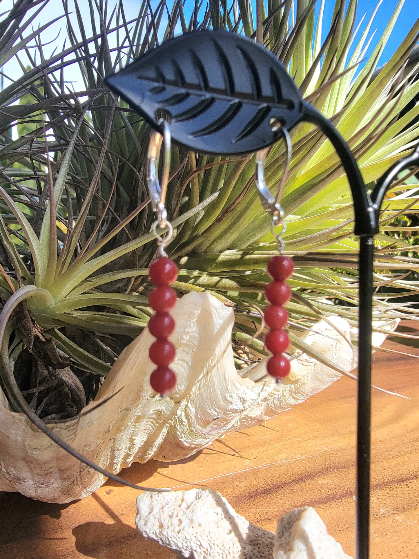 Minimalist Bar Earrings Red Gemstone Crystal Drop Dangle Boho Jewelry Sterling Silver Handmade