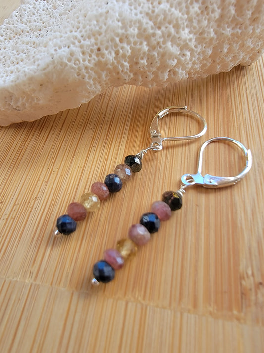 Minimalist Bar Earrings Watermelon Tourmaline Crystal Gemstone Drop Dangle Boho Jewelry Sterling Silver Handmade