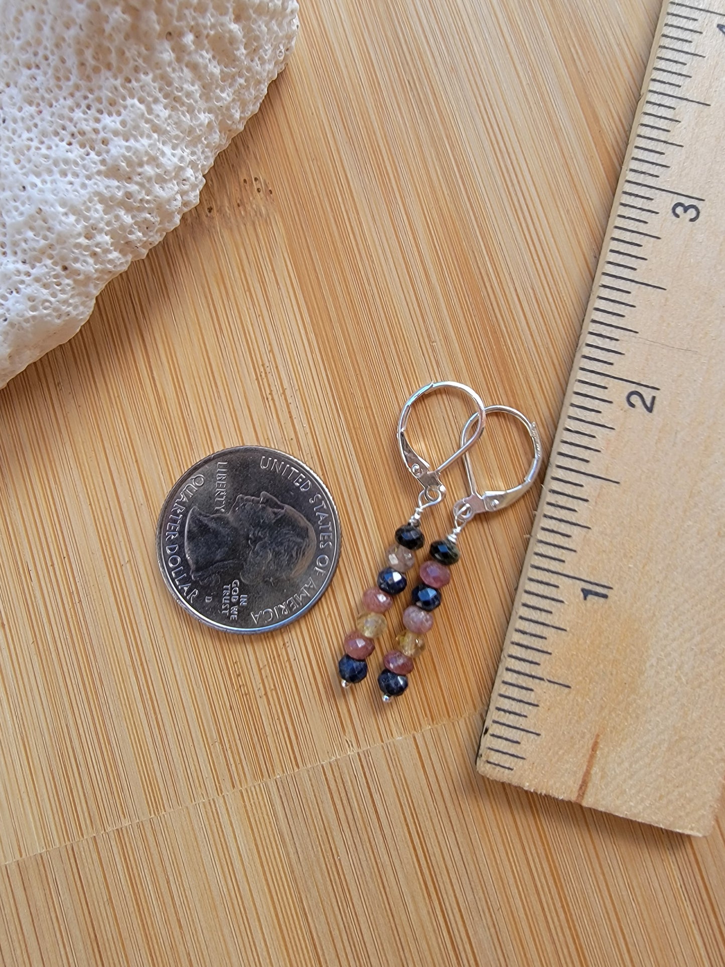 Minimalist Bar Earrings Watermelon Tourmaline Crystal Gemstone Drop Dangle Boho Jewelry Sterling Silver Handmade