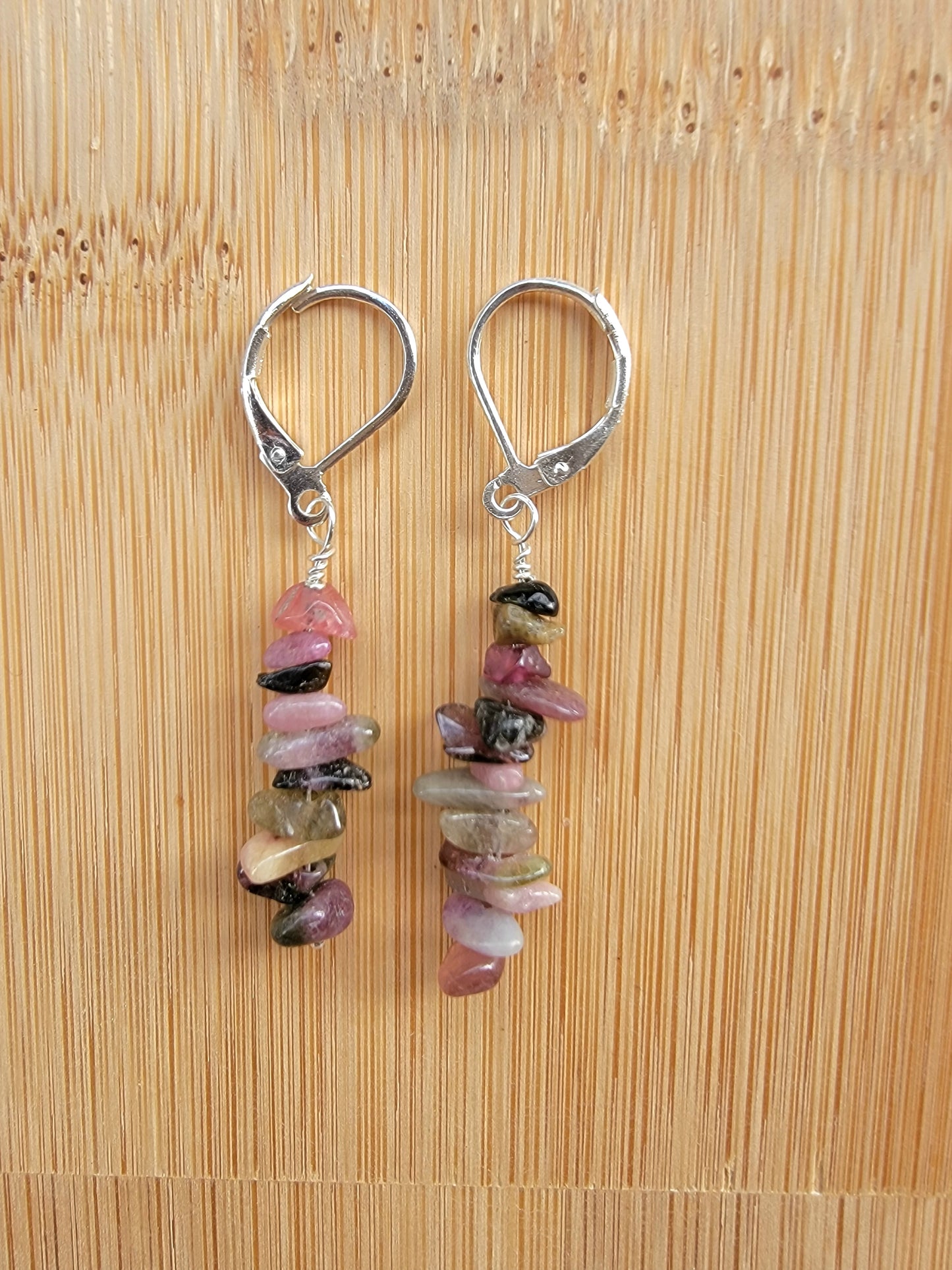 Minimalist Bar Earrings Watermelon Tourmaline Crystal Gemstone Drop Dangle Boho Jewelry Sterling Silver Handmade