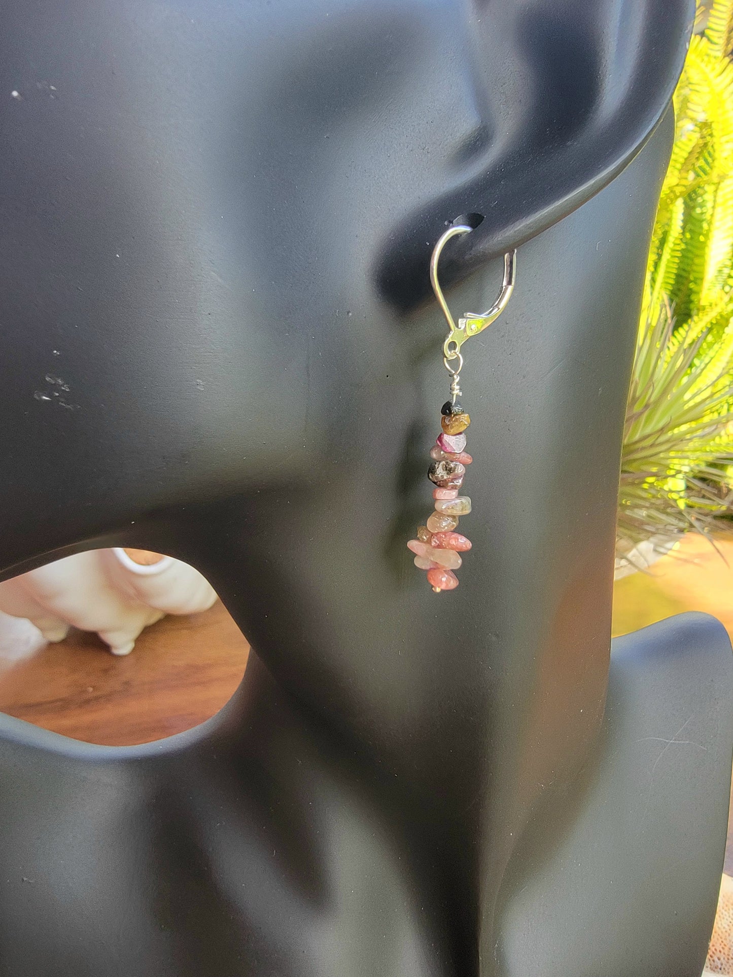 Minimalist Bar Earrings Watermelon Tourmaline Crystal Gemstone Drop Dangle Boho Jewelry Sterling Silver Handmade