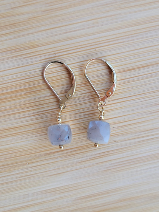 Gray Moonstone Earrings Dangle Drop Gold June Birthstone Handmade