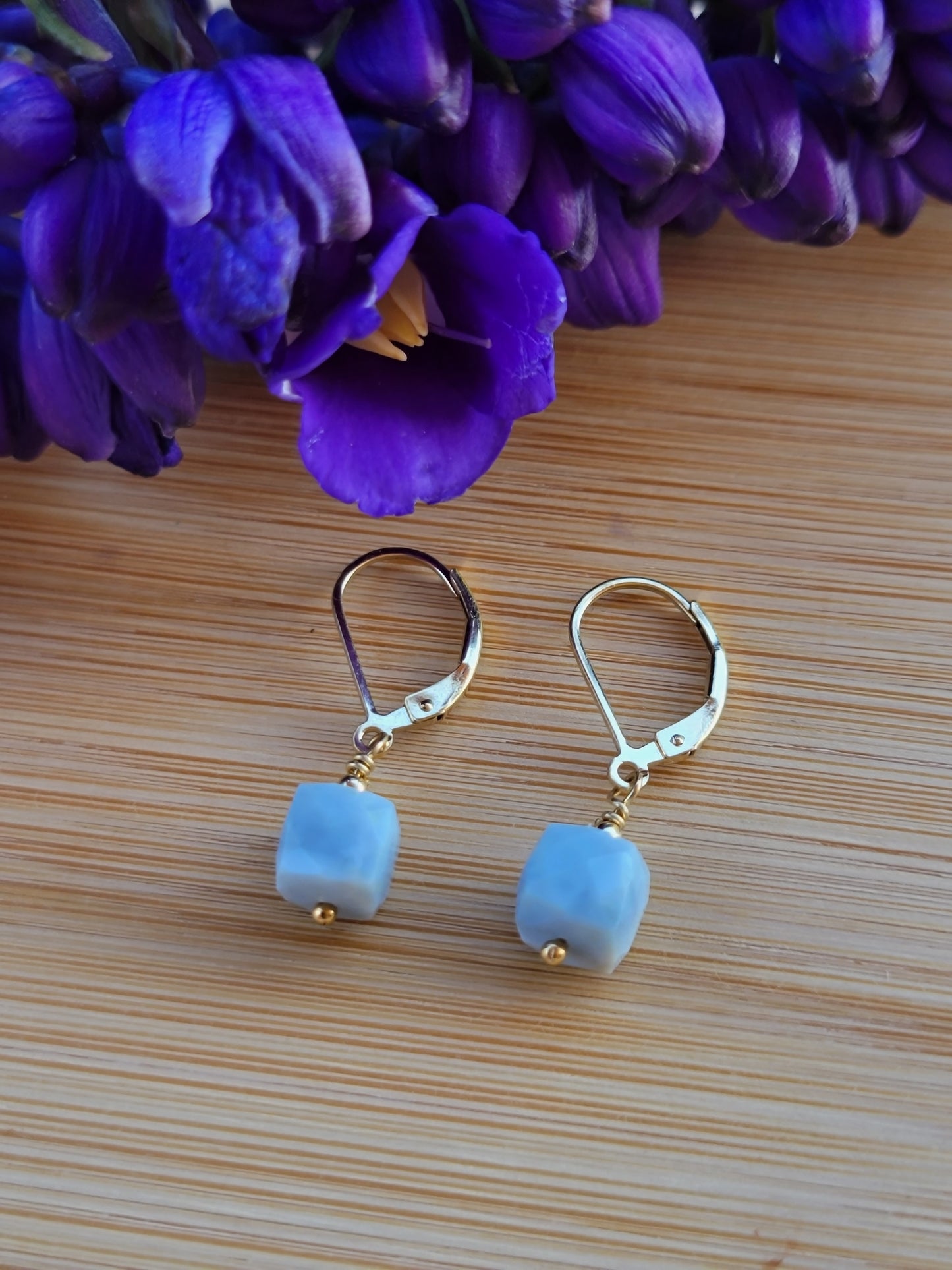 Blue Opal Earrings Gemstone Crystal Dangle Drop October Birthstone Gold