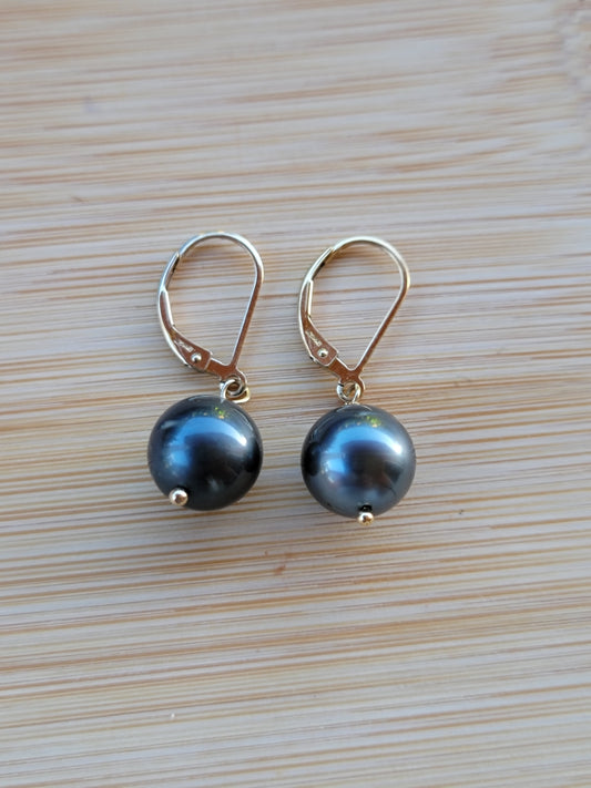 Tahitian Pearl Drop Earrings Gold Black South Sea Pearl Dangle June Birthstone